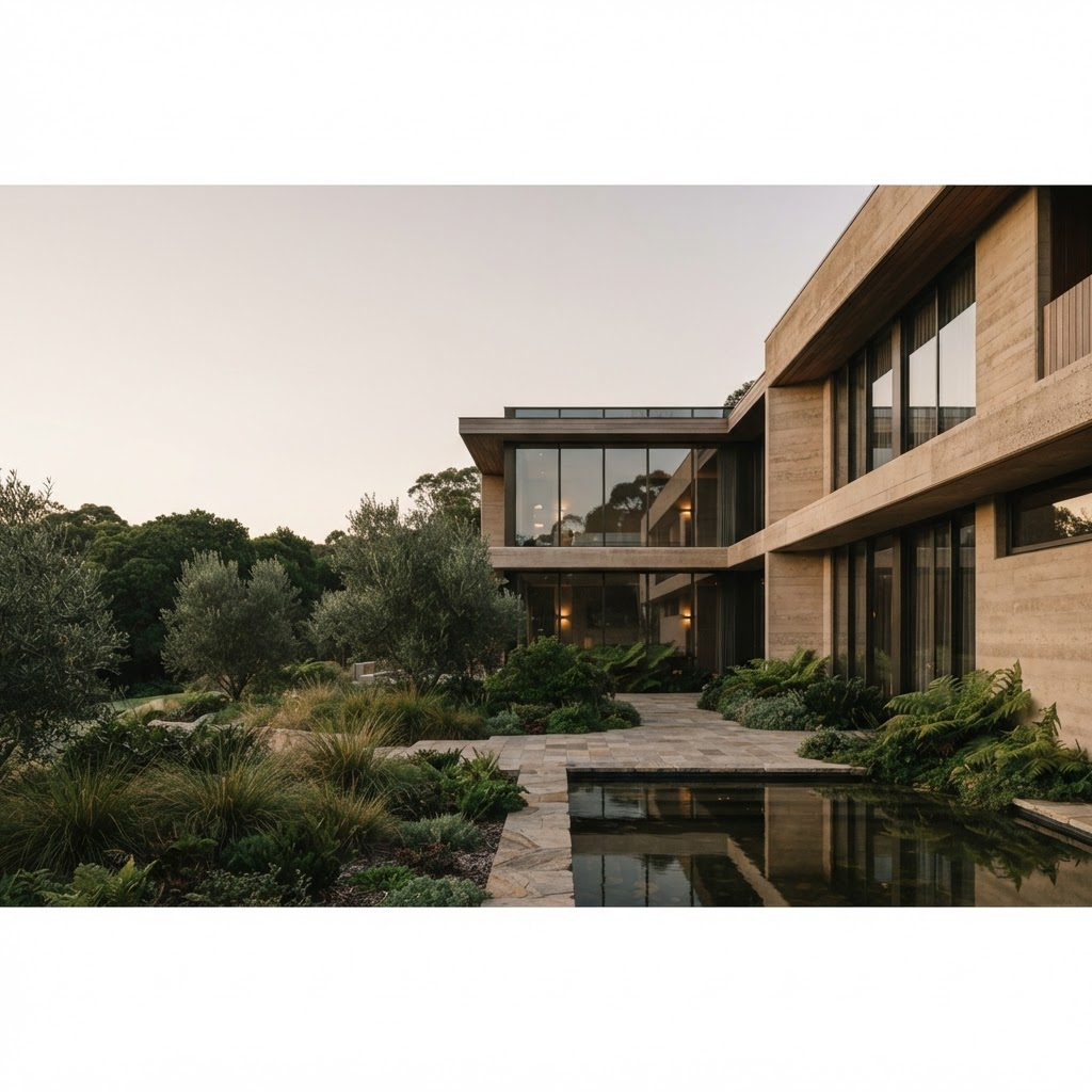 Fachada de um edifício contemporâneo ao amanhecer, rodeado de vegetação cuidada