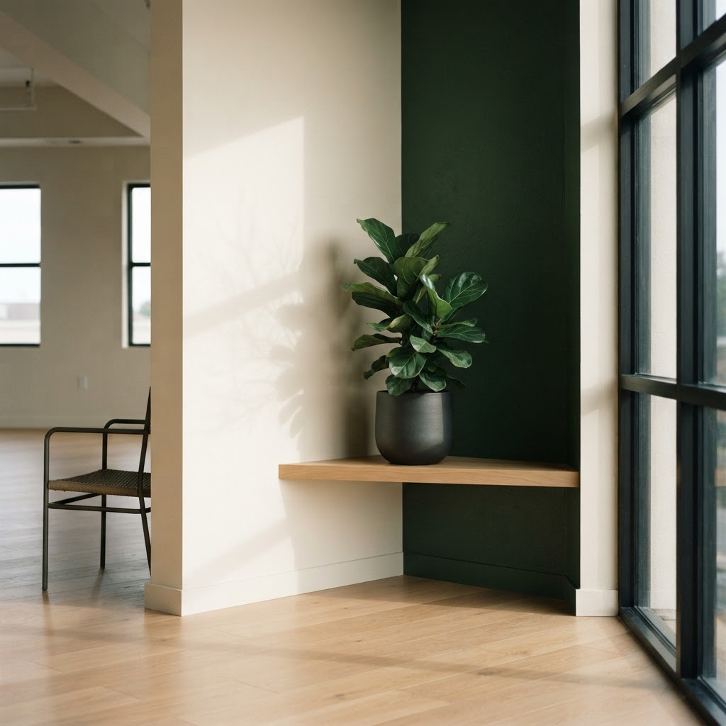 Interior sereno de um escritório contemporâneo com luz natural suave