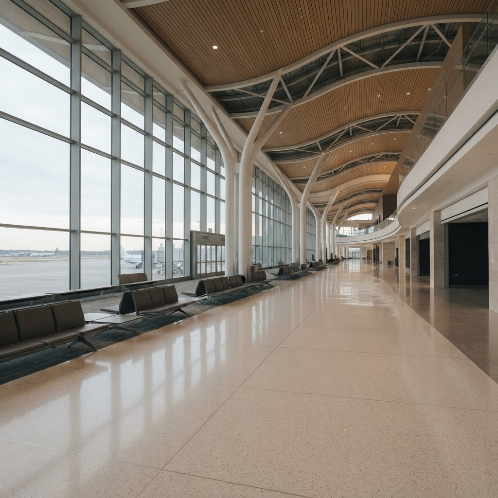 Terminal aeroportuário moderno, amplo e sereno