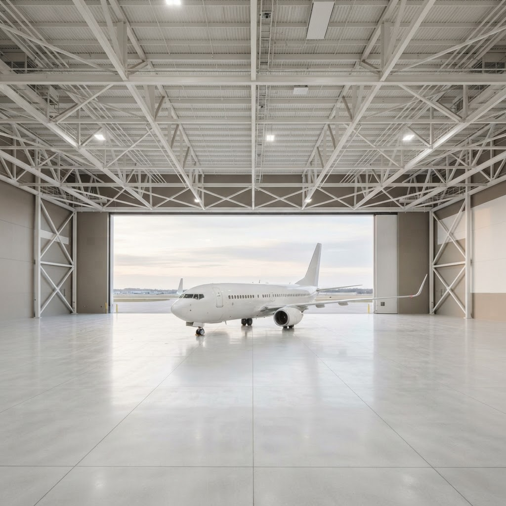 Aeronave em hangar de manutenção iluminado por luz natural