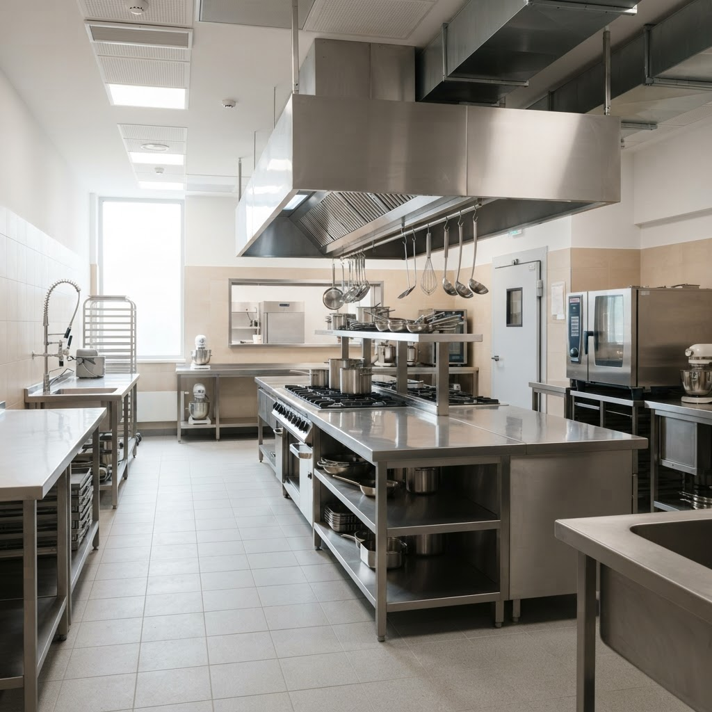 Cozinha industrial em aço inoxidável, limpa e organizada