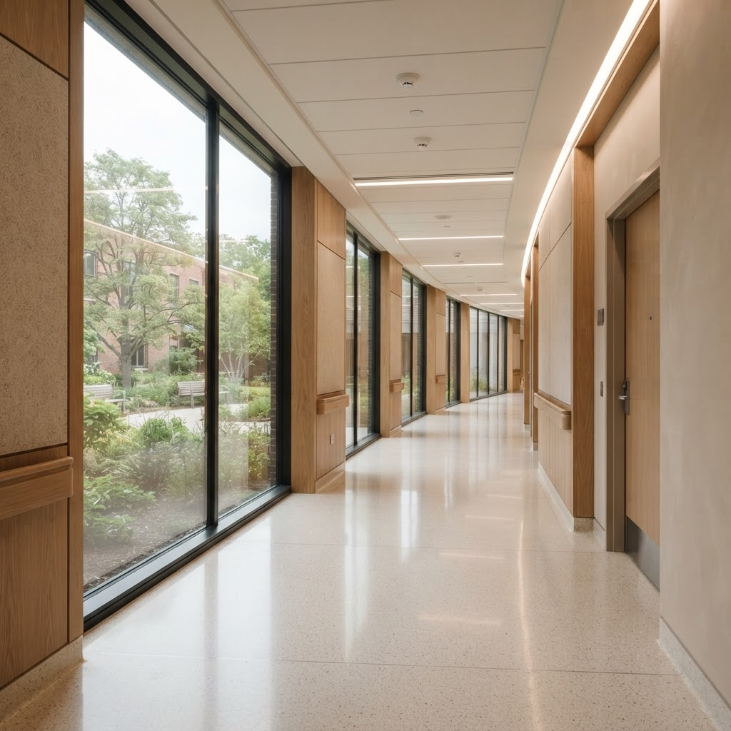 Corredor hospitalar moderno, luminoso e limpo