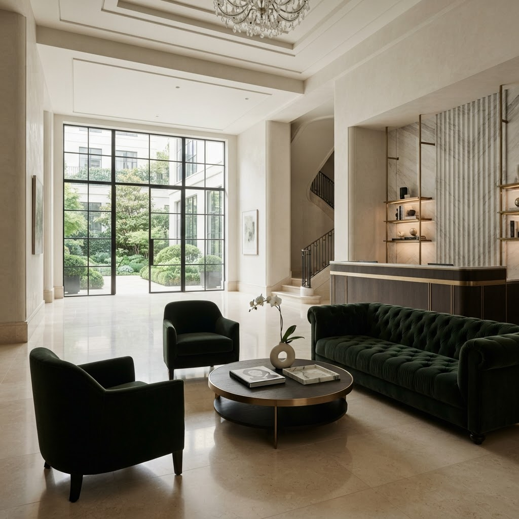Lobby de hotel elegante, silencioso e impecável