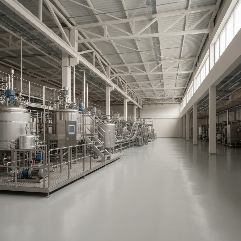 Nave de produção industrial com equipamento em aço inoxidável