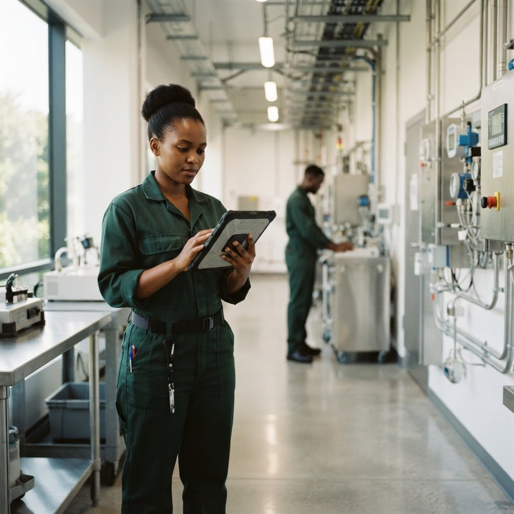 Técnico a documentar uma inspecção numa instalação moderna